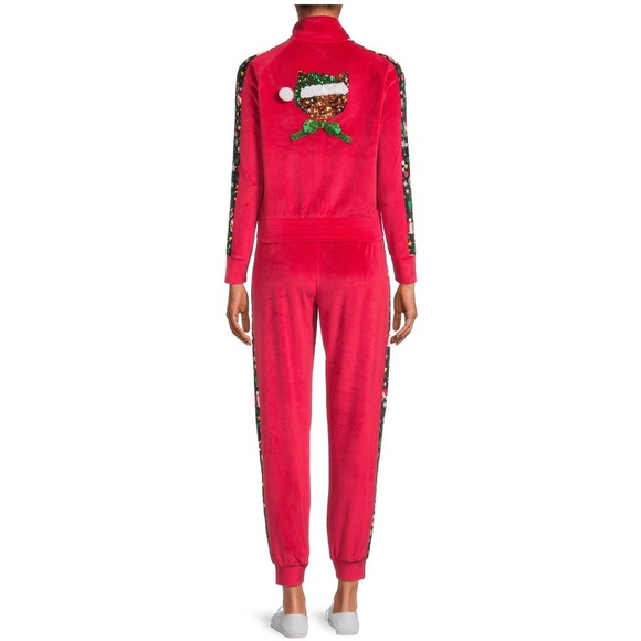 Red plush cozy velour sequin metallic embroidered jacket‎ joggers set size Small - Picture 12 of 13